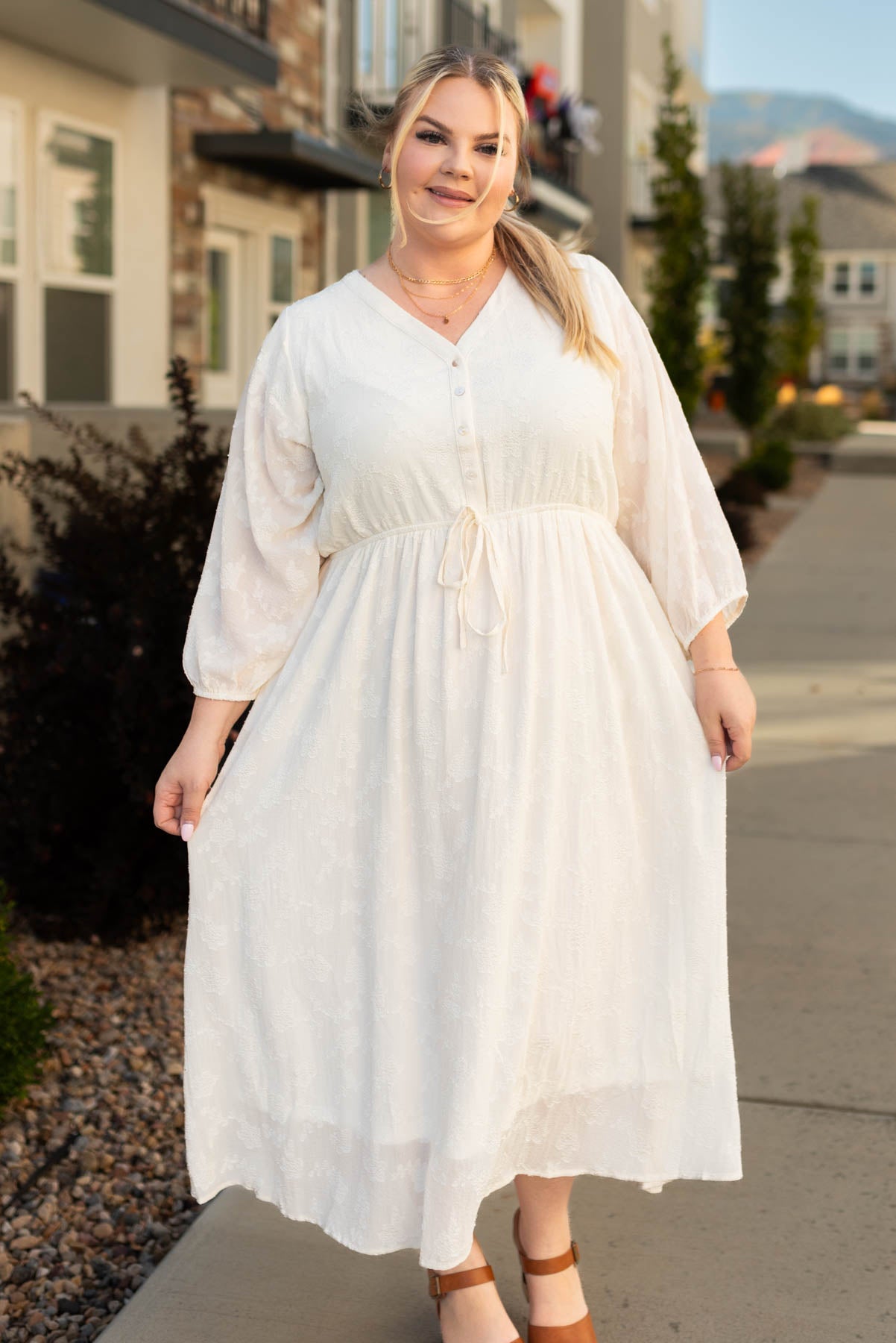 Long sleeve plus size cream dress