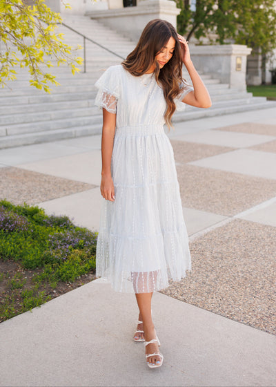 Dusty blue lace dress with short sleeves