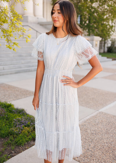 Short sleeve dusty blue lace dress