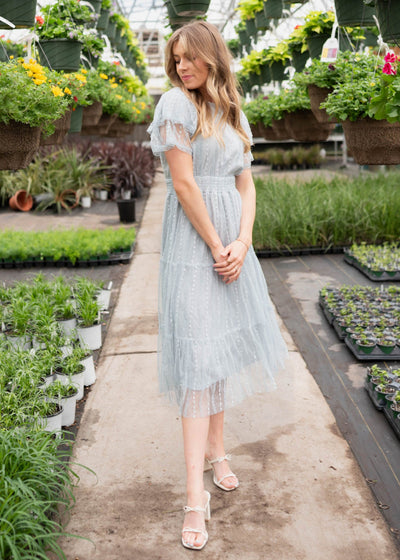 Tiered dusty blue lace dress