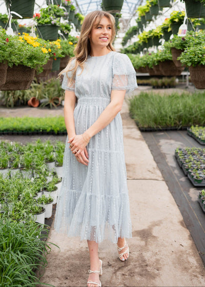 Dusty blue lace dress with short sleeves