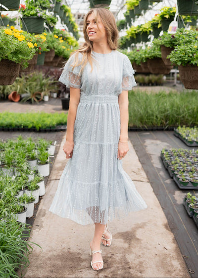Short sleeve dusty blue lace dress