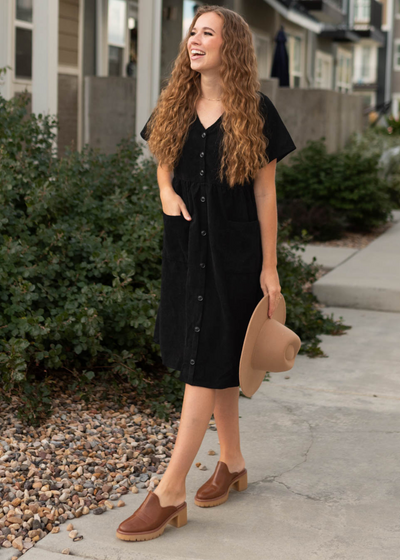 Black corduroy button up dress with pockets