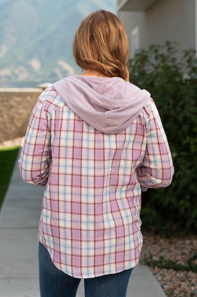 Back view of a lavender plaid top with a hood