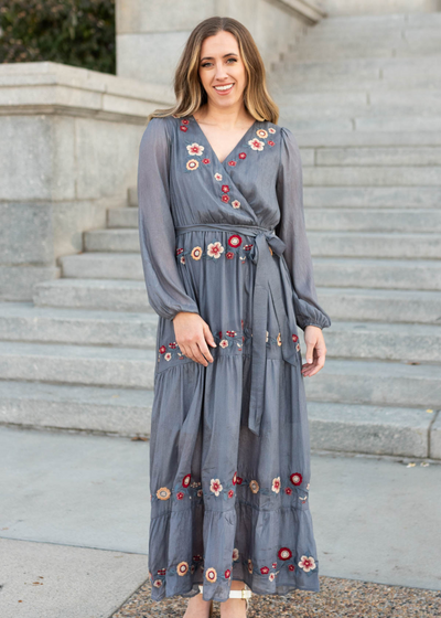 Charcoal floral wrap dress with long sleeves