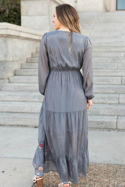 Back view of the charcoal floral wrap dress