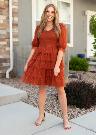 Rust dress with short sleeves