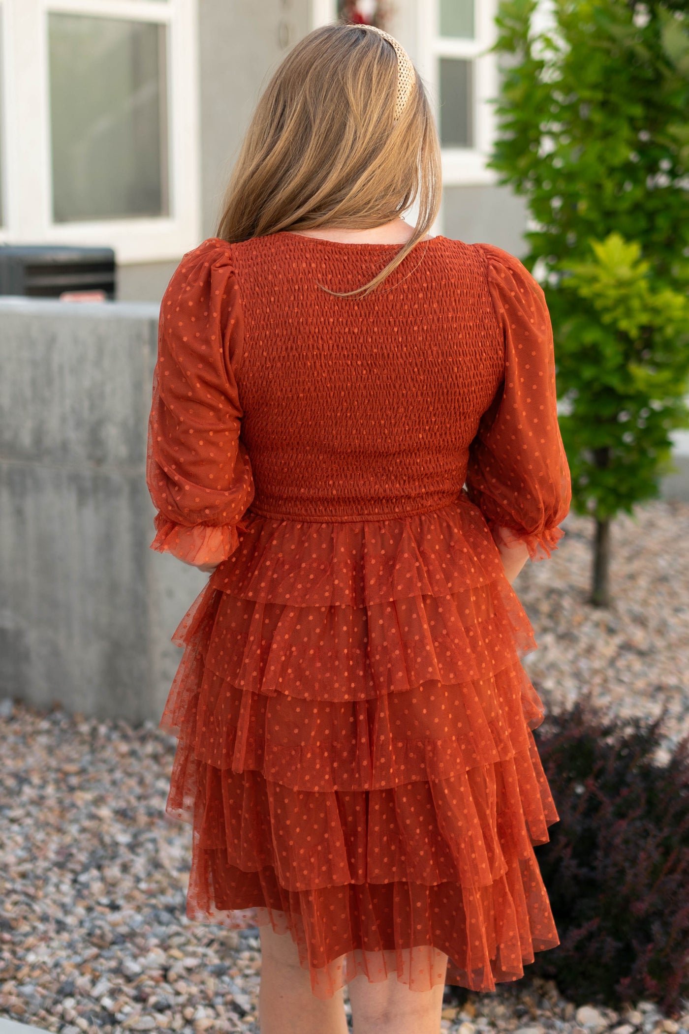 Back view of a rust dress
