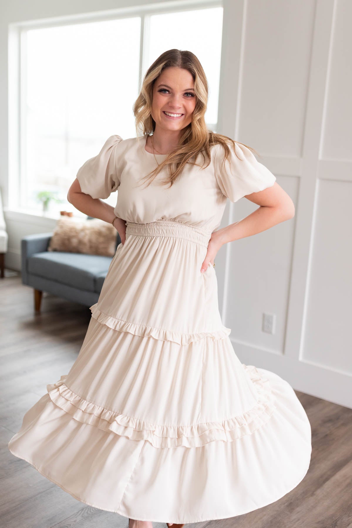 Ivory satin ruffle dress with tiered skirt