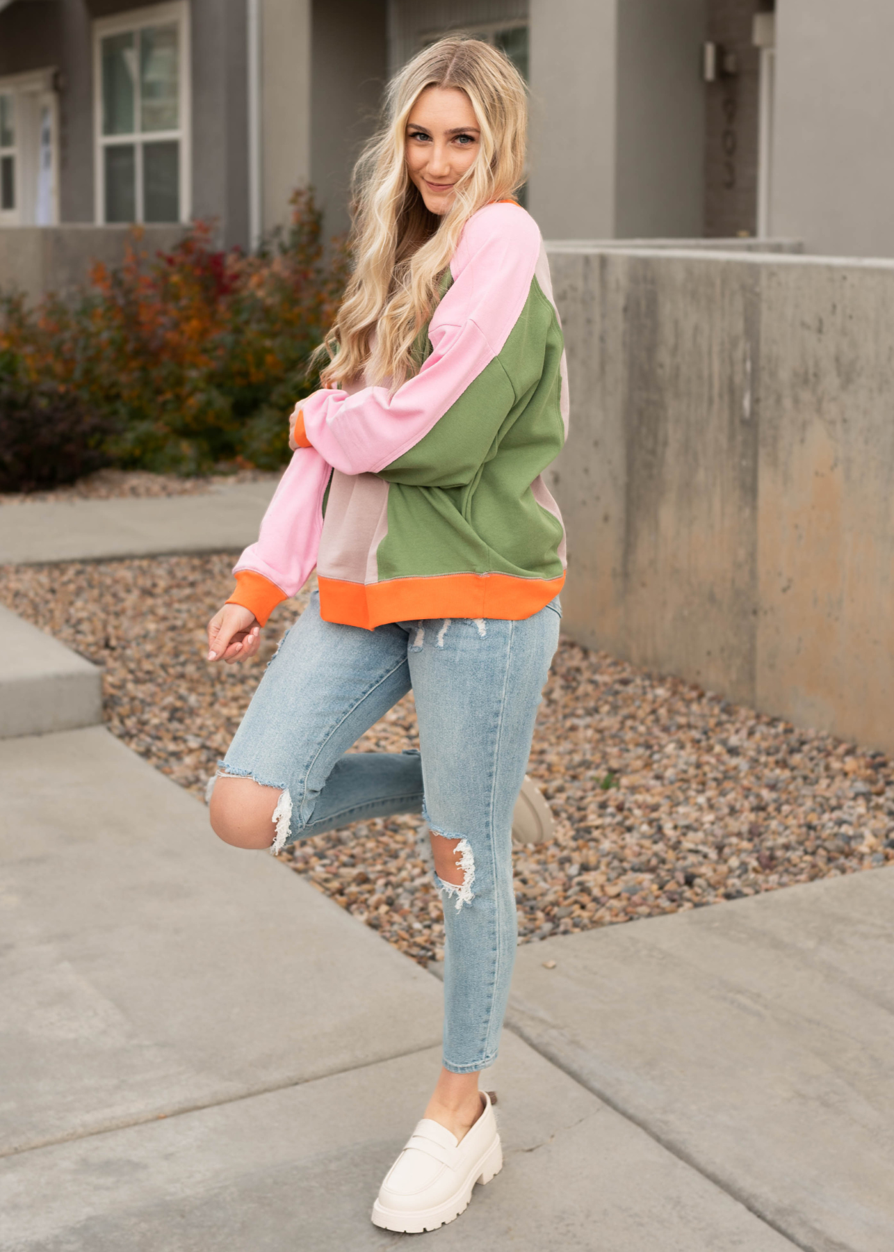 Stone block sweater with pink, olive, and orange color blocks