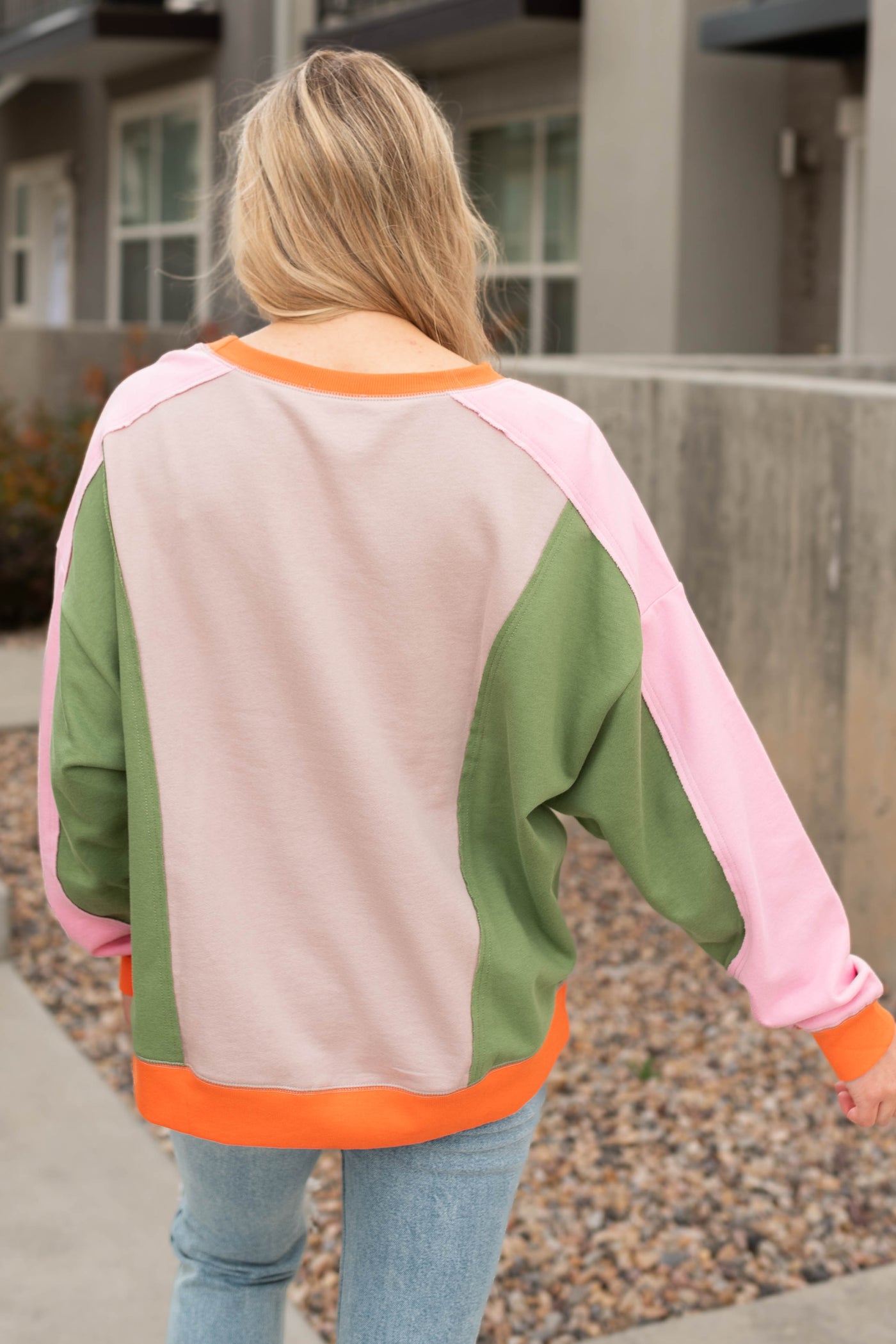 Back view of the stone block sweater