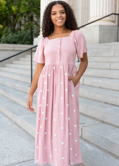Short sleeve blush embroidered dress