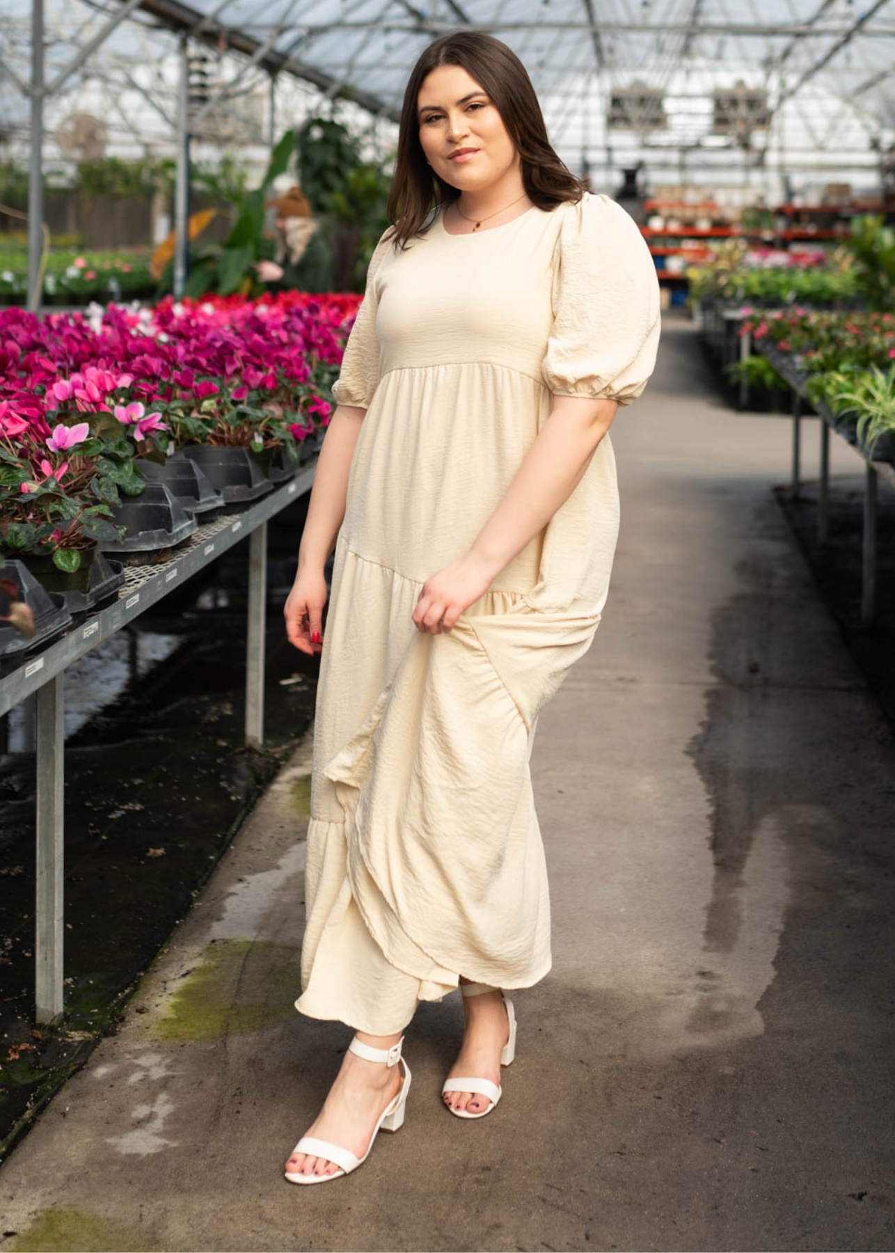 Plus size taupe tiered dress with gathered short sleeves