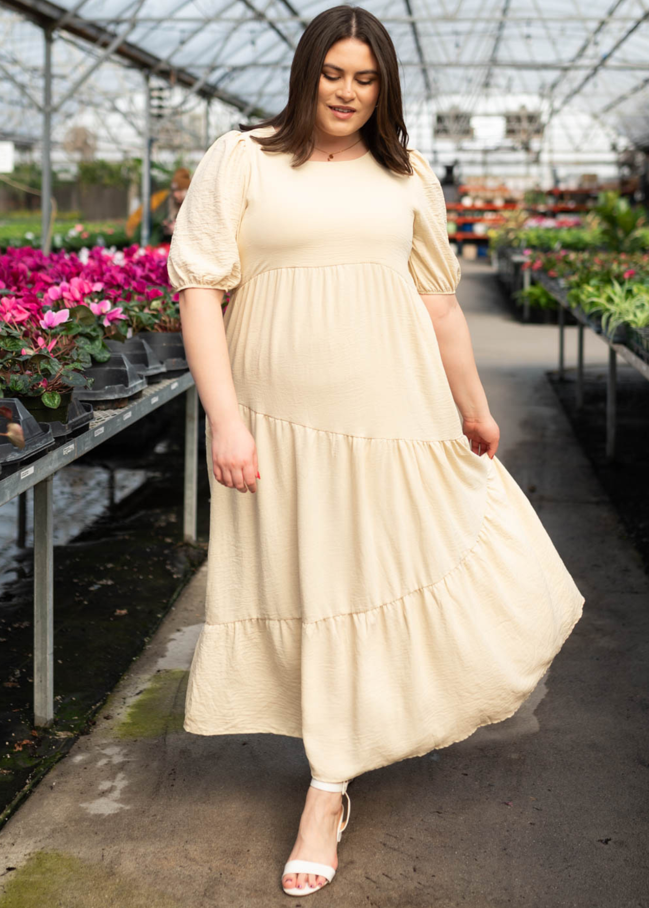 Plus size taupe tiered dress with short sleeves