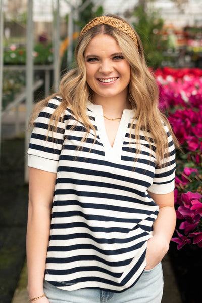 White and navy stripe top 