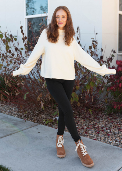 Cream texture sweater with mock turtle neck