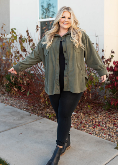 Button up long sleeve plus size army green shacket