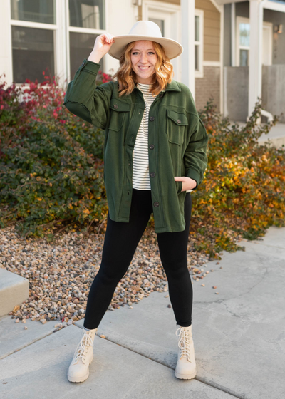 Long sleeve button up army green shacket