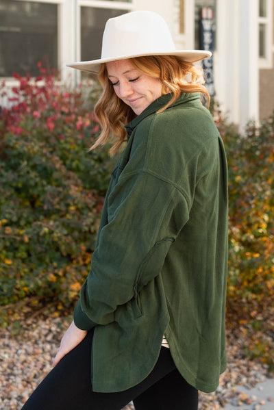 Side view of a army green shacket