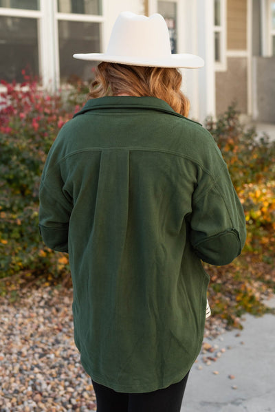 Back view of a army green shacket