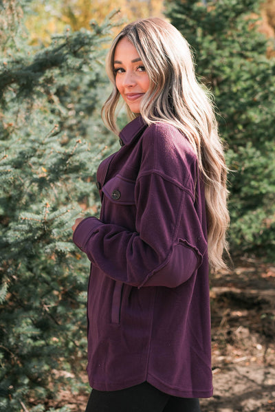 Side view of the dark plum shacket