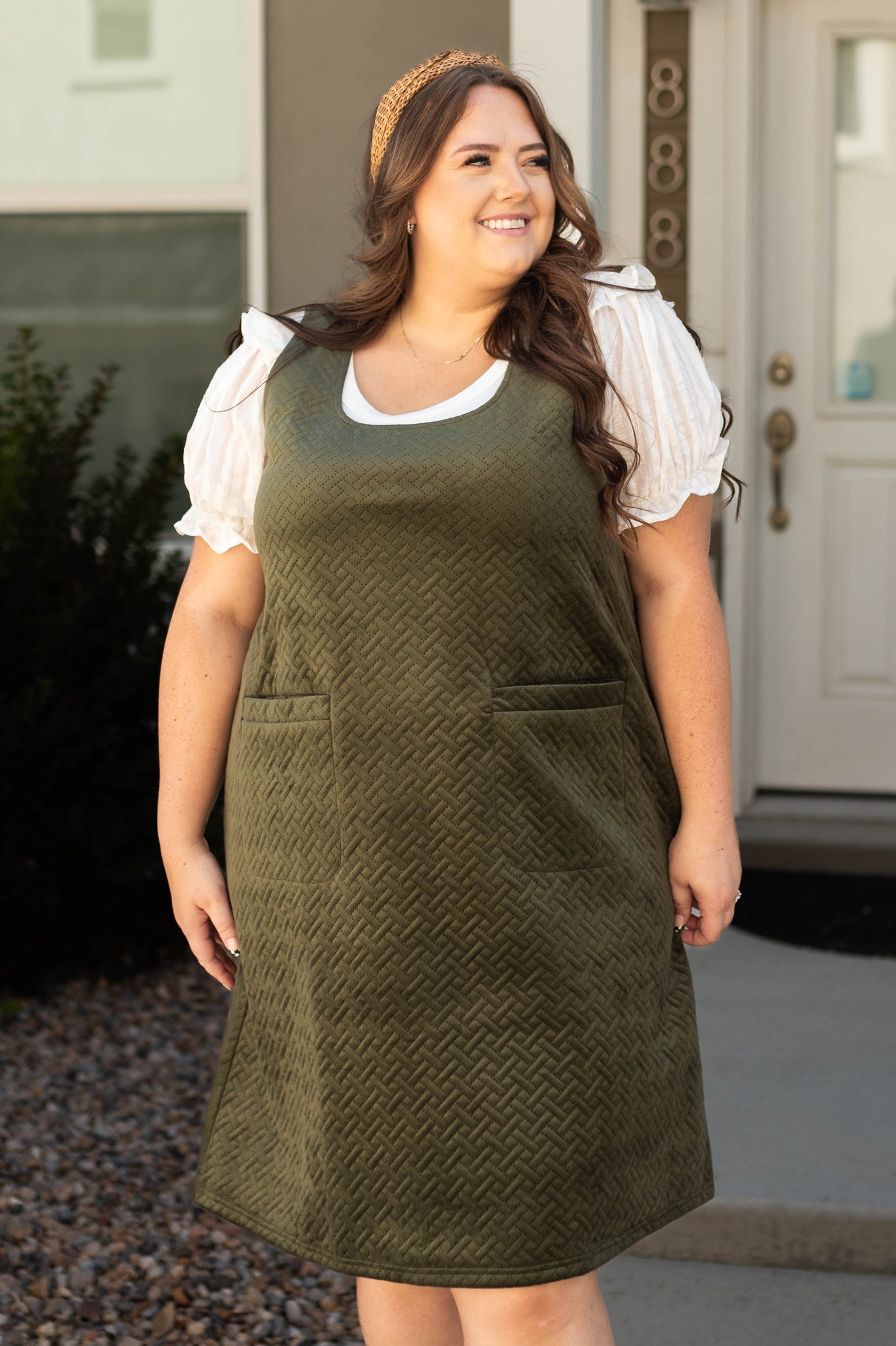 Scoop neck plus size olive dress