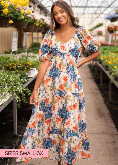 Navy floral dress with short sleeves