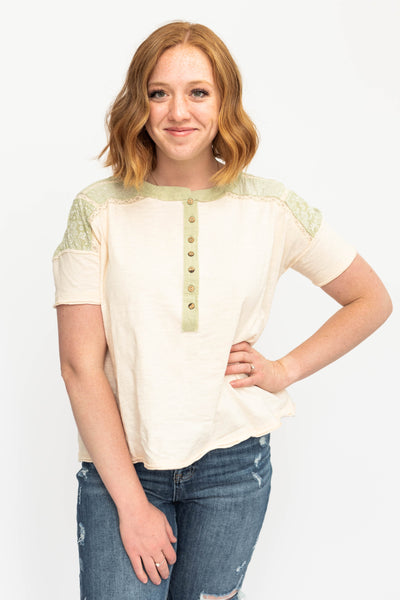 Short sleeve green tea top with lace detail on back