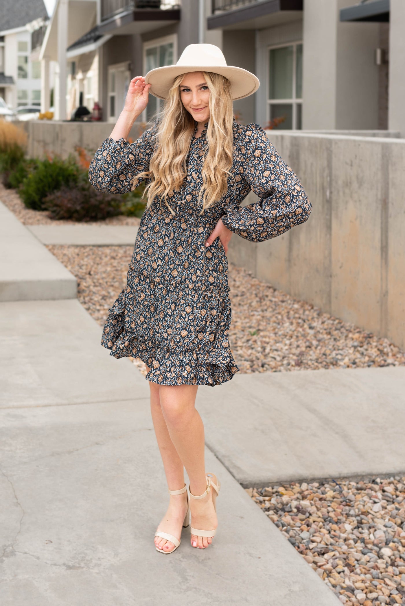 Navy pattern dress with long sleeves