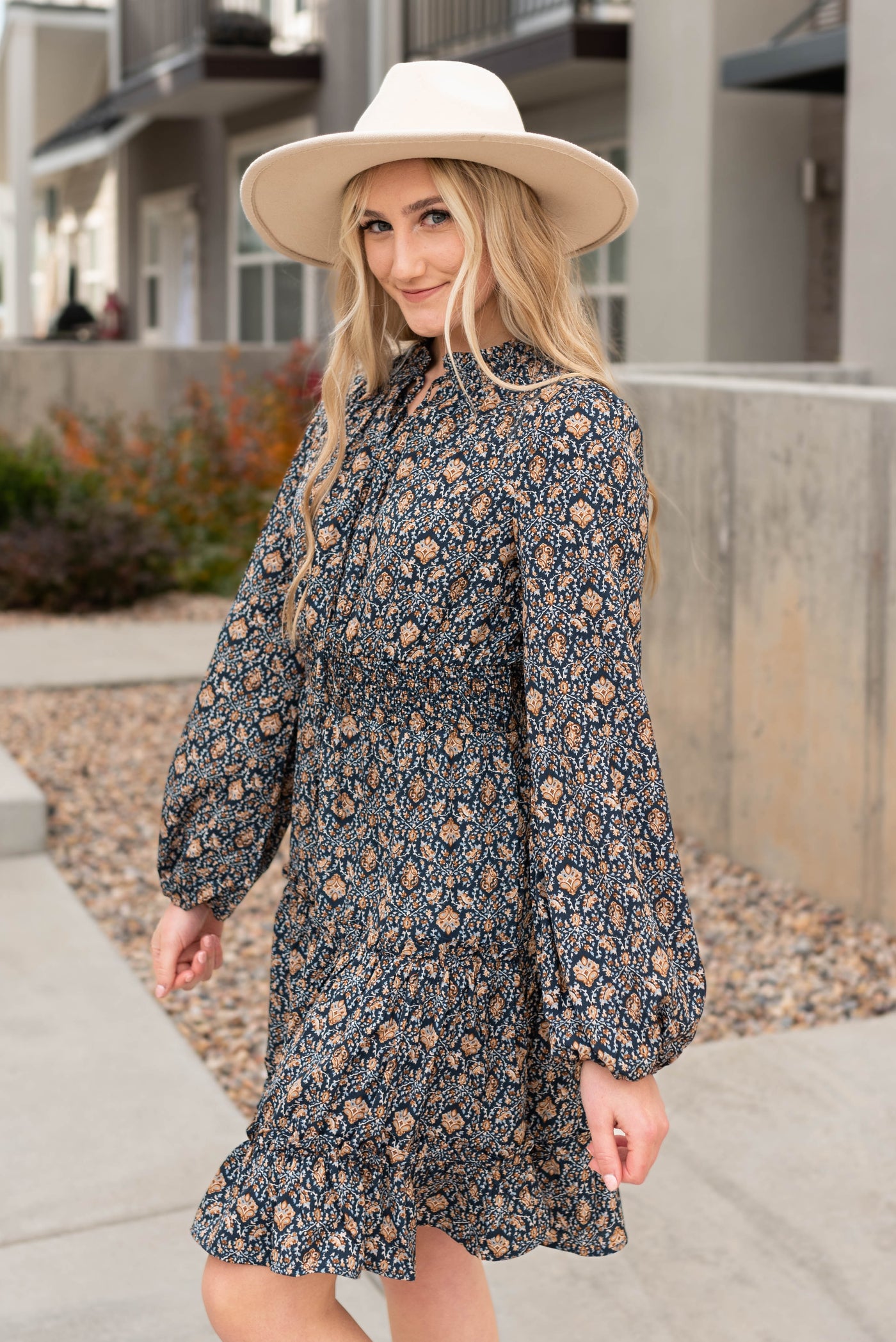 Long sleeve navy pattern dress