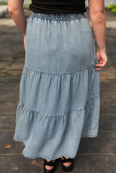 Back view of the denim blue tiered skirt