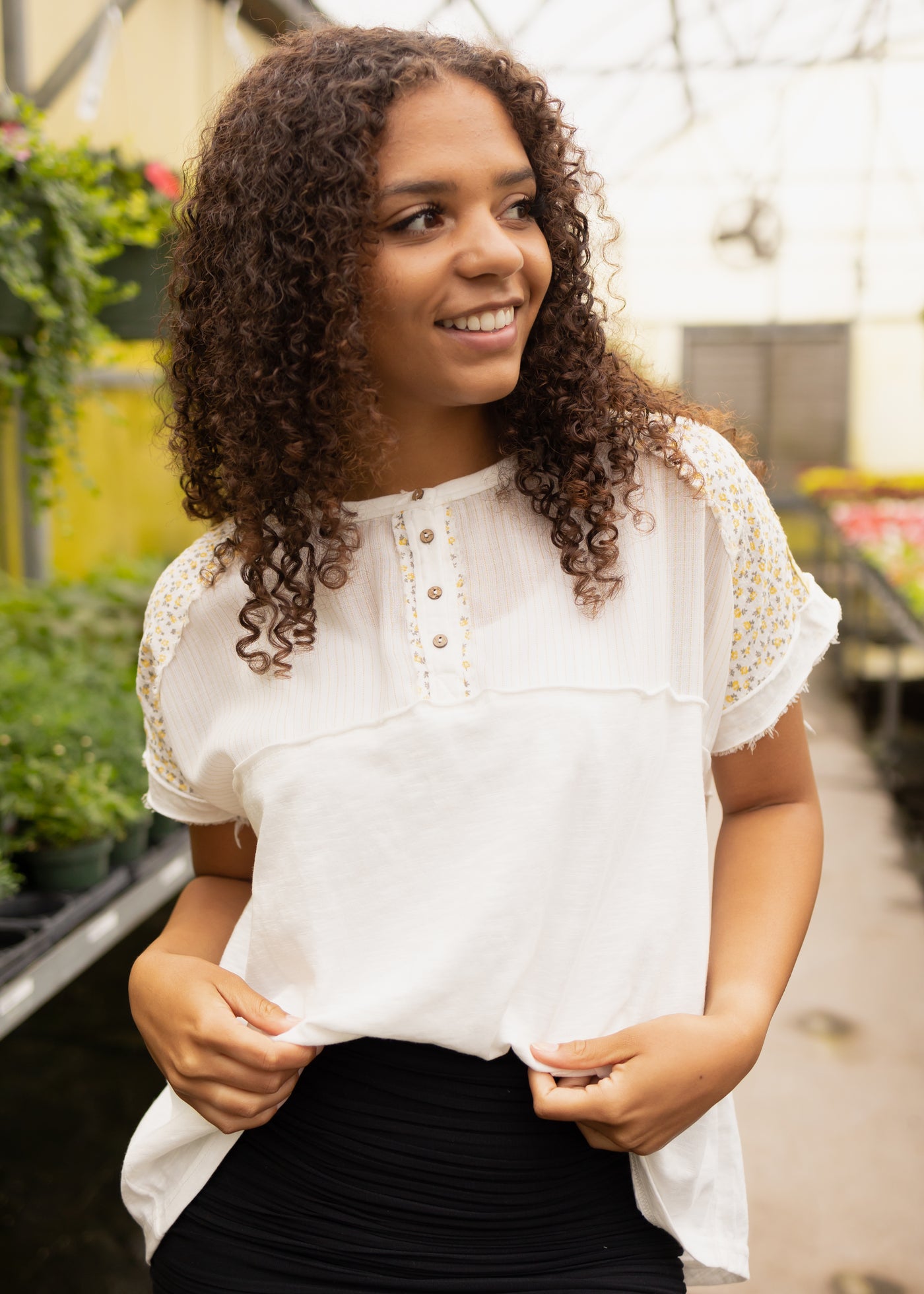 Three button marigold short sleeve top