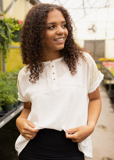 Three button marigold short sleeve top