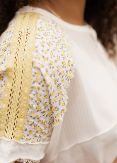 Short sleeve marigold top with lace on sleeve