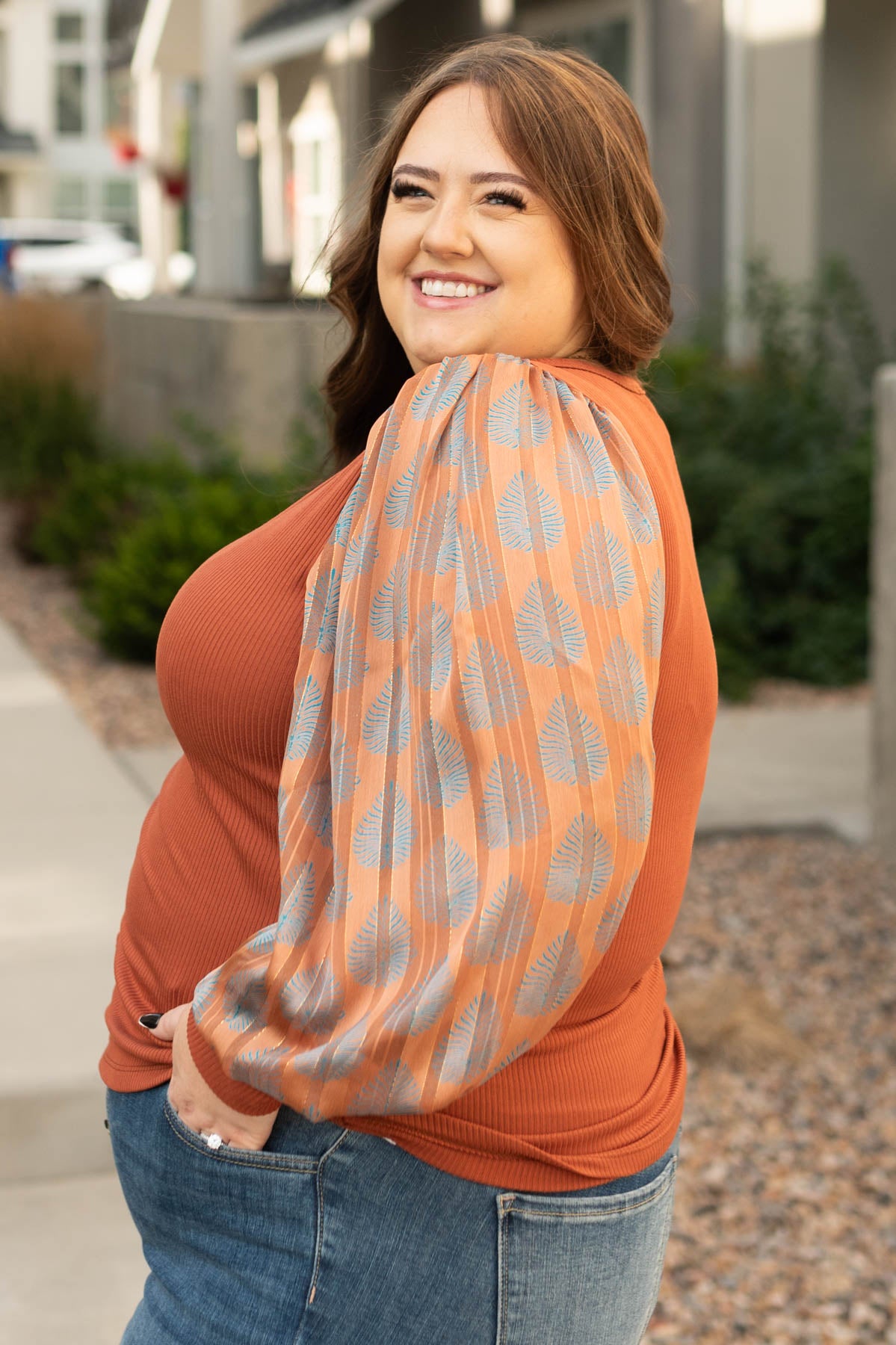 Long sleeve plus size rust top