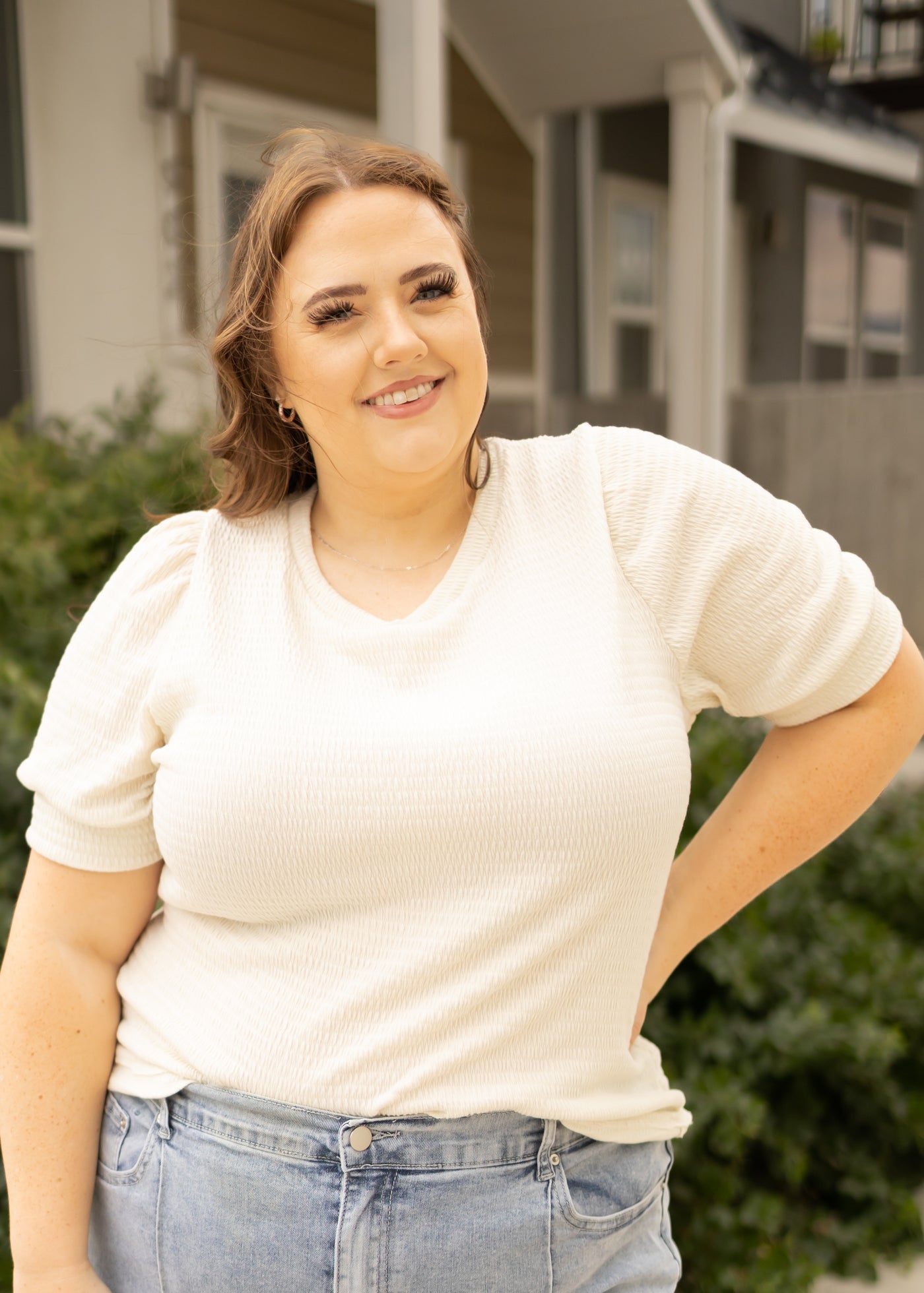 Short sleeve with cuffs plus size cream top