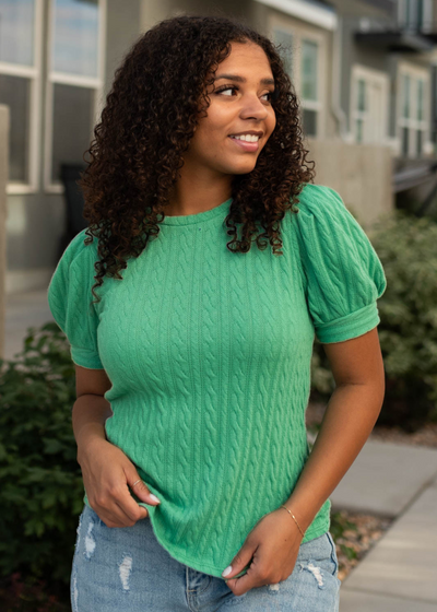 Short sleeve kelly green top with gathered sleeves