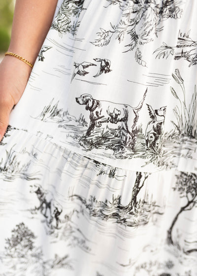 Close up of the skirt on the black print tiered dress