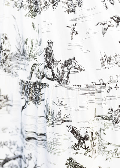 Close up of the fabric on the black print tiered dress