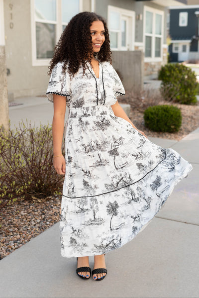 Black print tiered dress with short sleeves