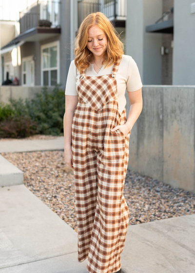 Camel plaid overalls with pockets