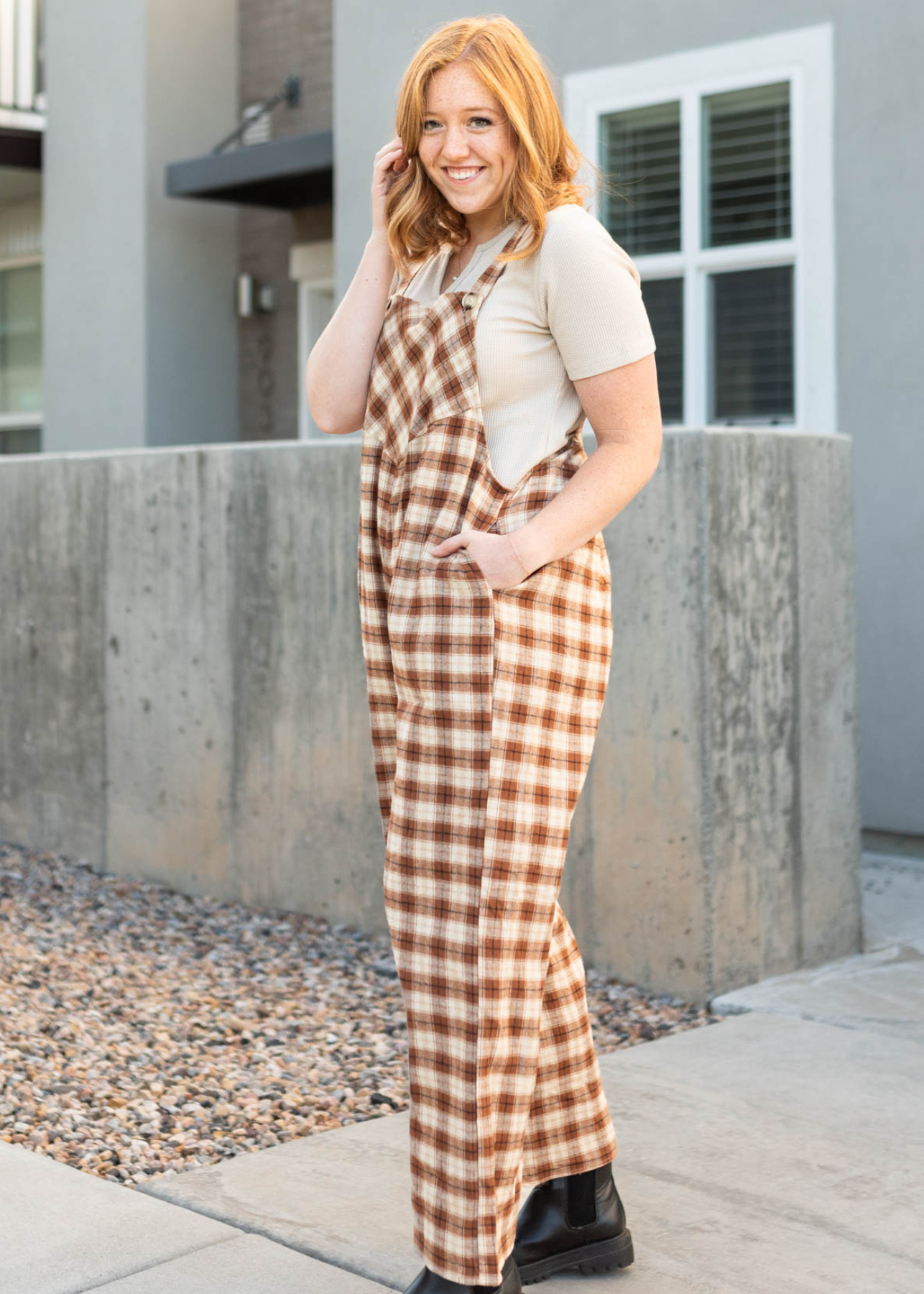 Camel plaid overalls with pockets