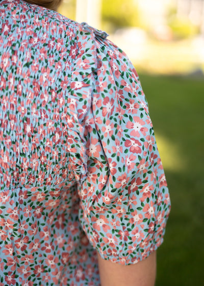 Blue floral top with puff sleeve