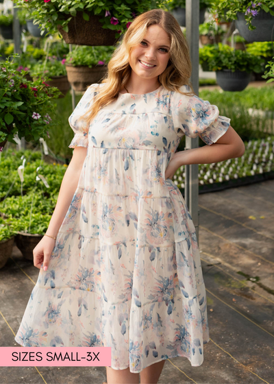 Front view of the blue floral puff sleeve dress in sizes small to 3X