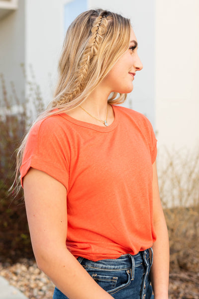 Side view of the poppy linen top