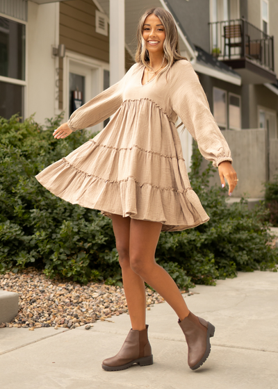 Long sleeve taupe dress