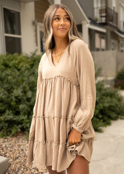 Long sleeve taupe dress with tiered skirt
