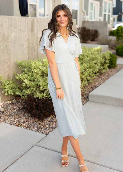 V-neck dusty blue wrap dress