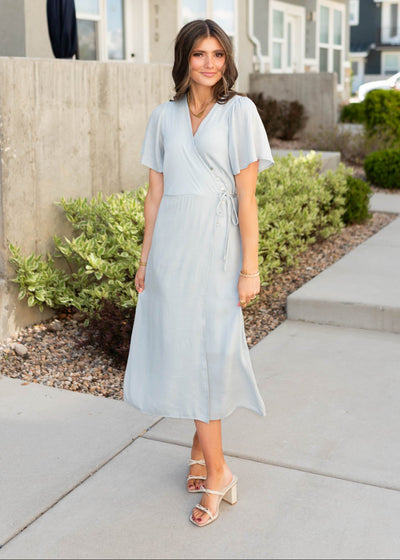 Dusty blue wrap dress with short sleeves