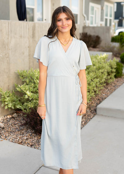 Short sleeve dusty blue wrap dress